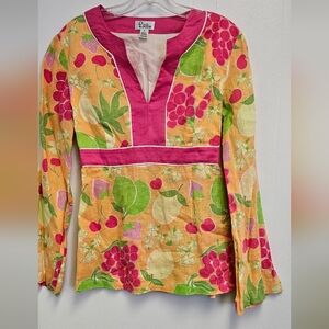 Lilly Pulizter Cecilia Linen Top in Pink and Green Garden Vista Size 8
